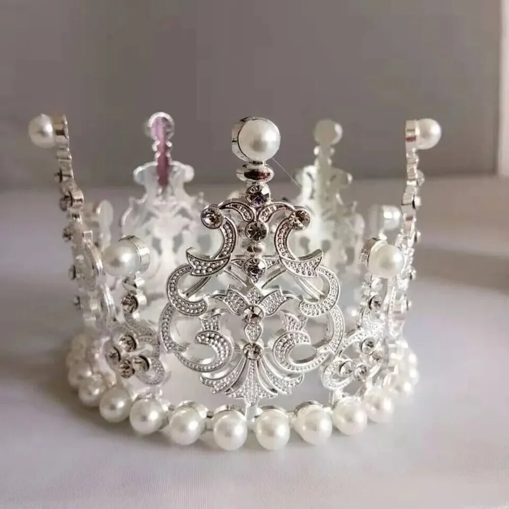 Silver Imitation Pearl Mini Crown Cake Topper Birthday Decor Decoration Wedding